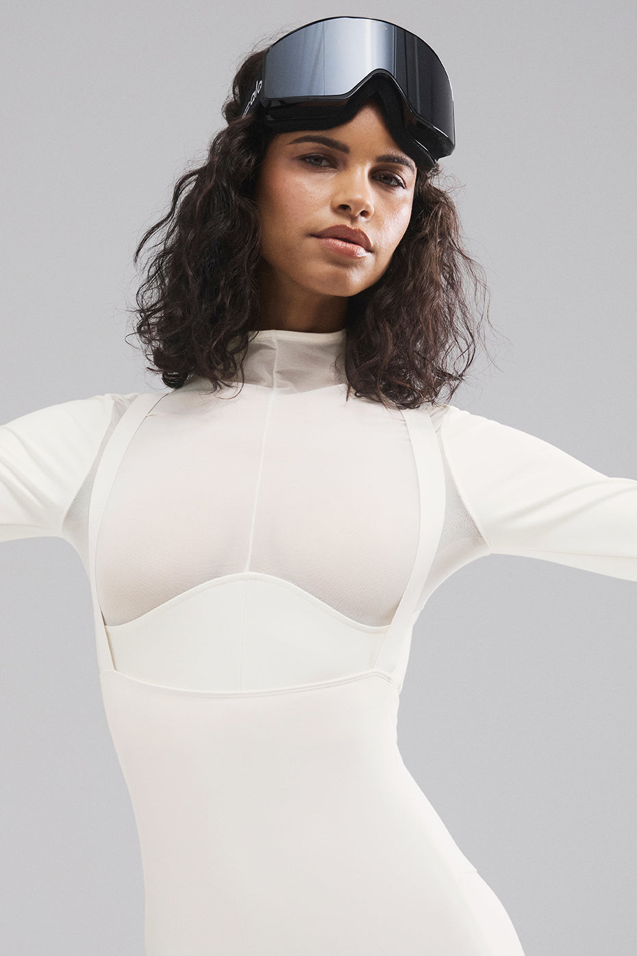 Close-up of mesh panel on womens ski top for breathable layering