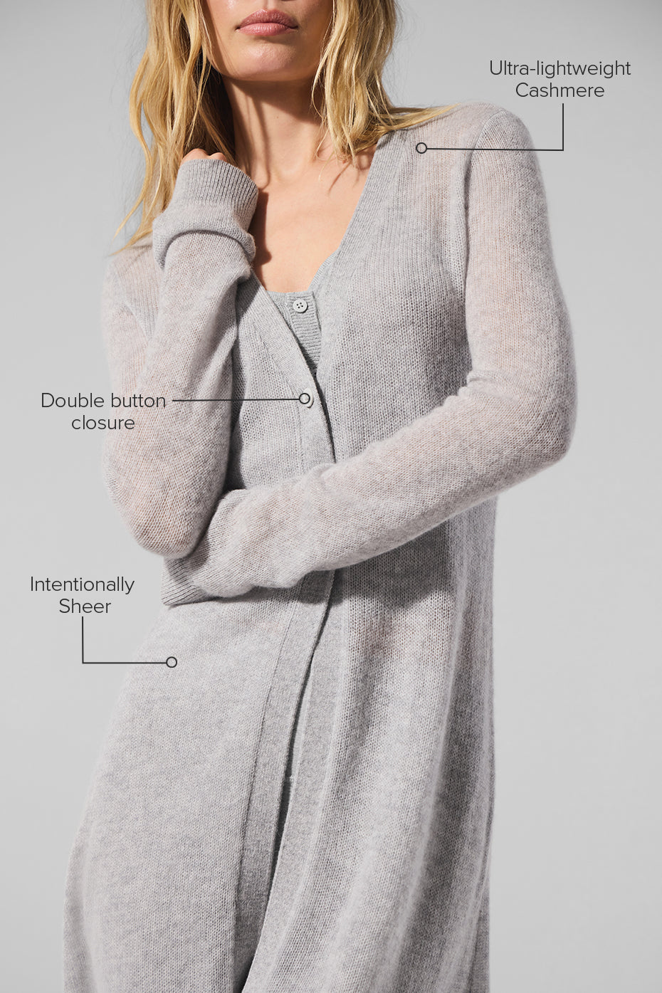 Close-up of the soft texture of the cashmere cardigan