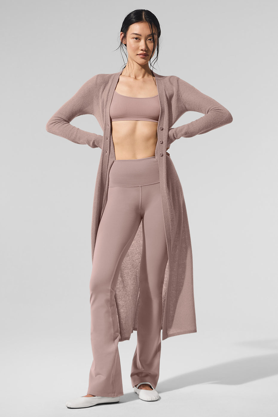 Front view of the taupe sheer cashmere long cardigan, ideal for casual outings.