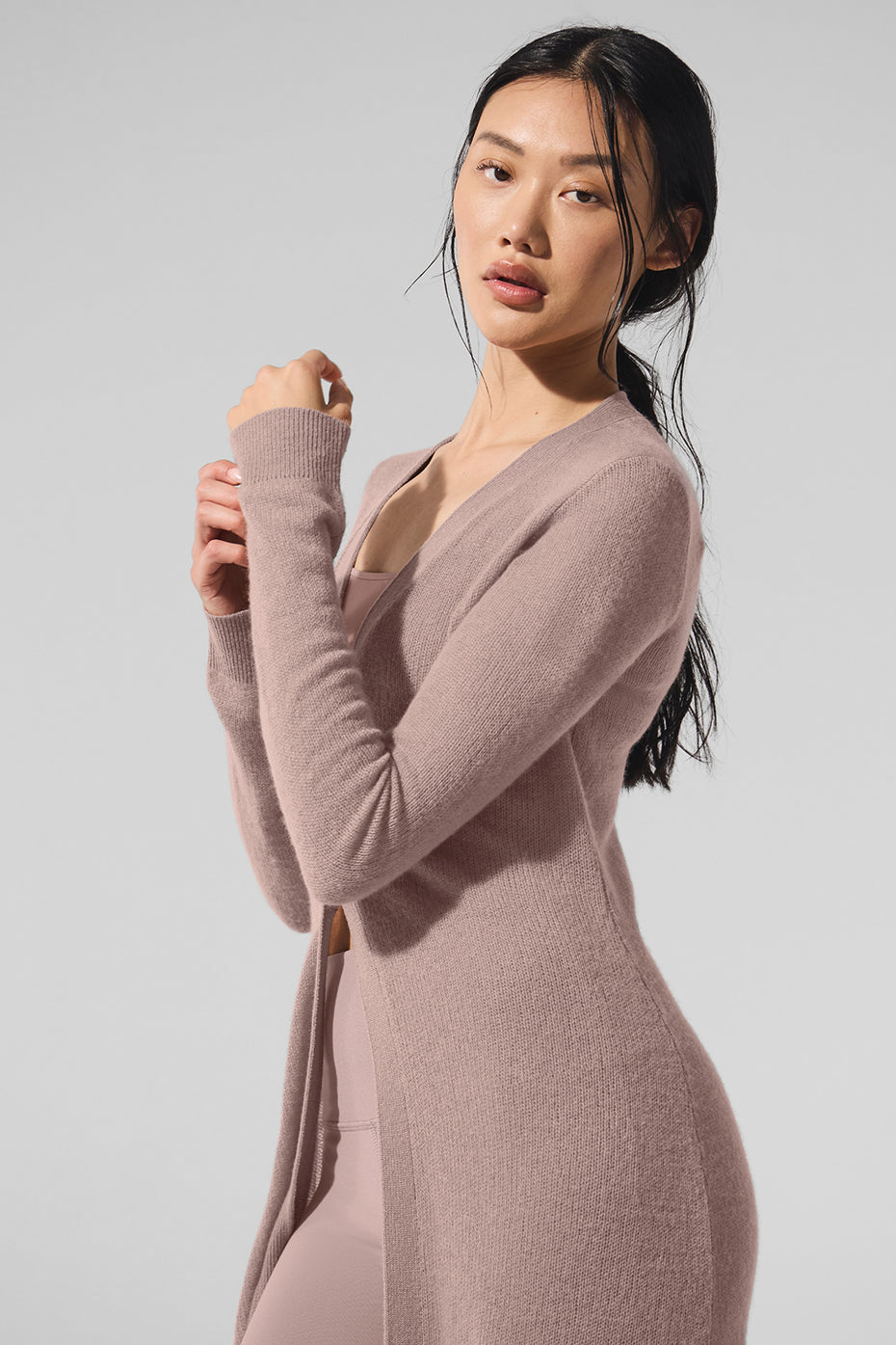 Front view of the taupe sheer cashmere long cardigan, ideal for casual outings.