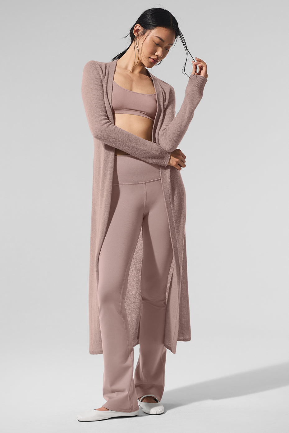Back view showcasing the lightweight design of the long cardigan.