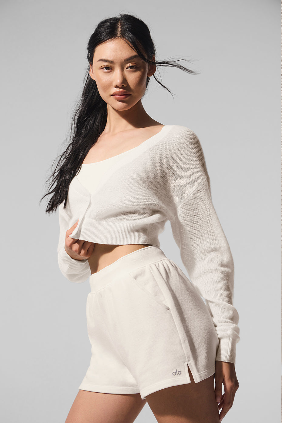 Back view showing the cardigans relaxed fit and drape