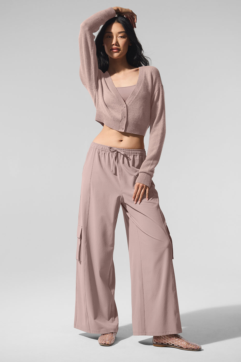 Front view of the taupe cropped cashmere cardigan, ideal for layering.