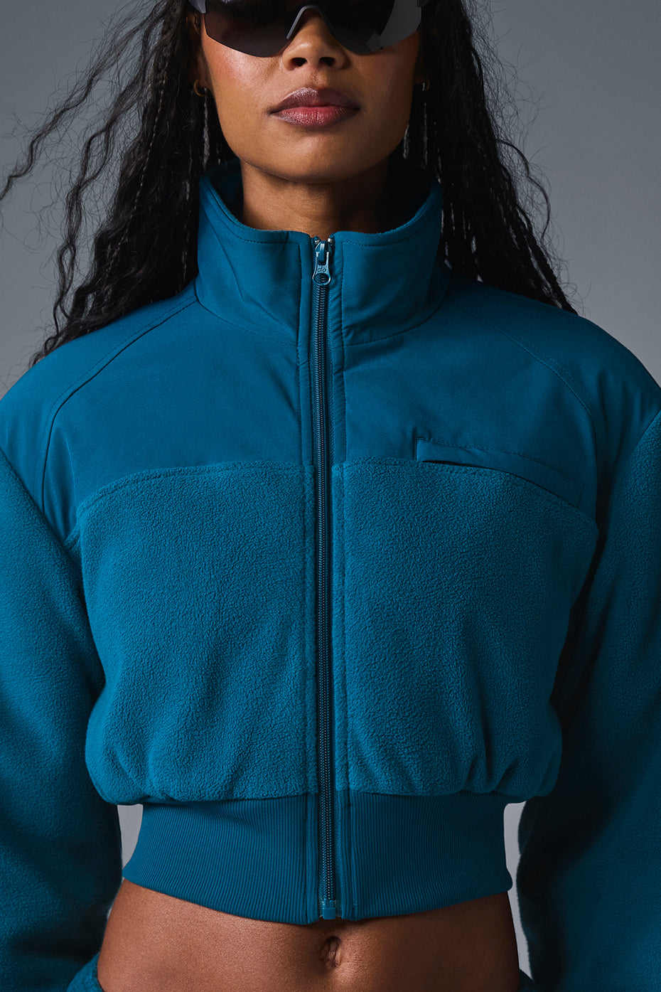 Close-up of the womens fleece sherpa jacket highlighting the soft fleece texture