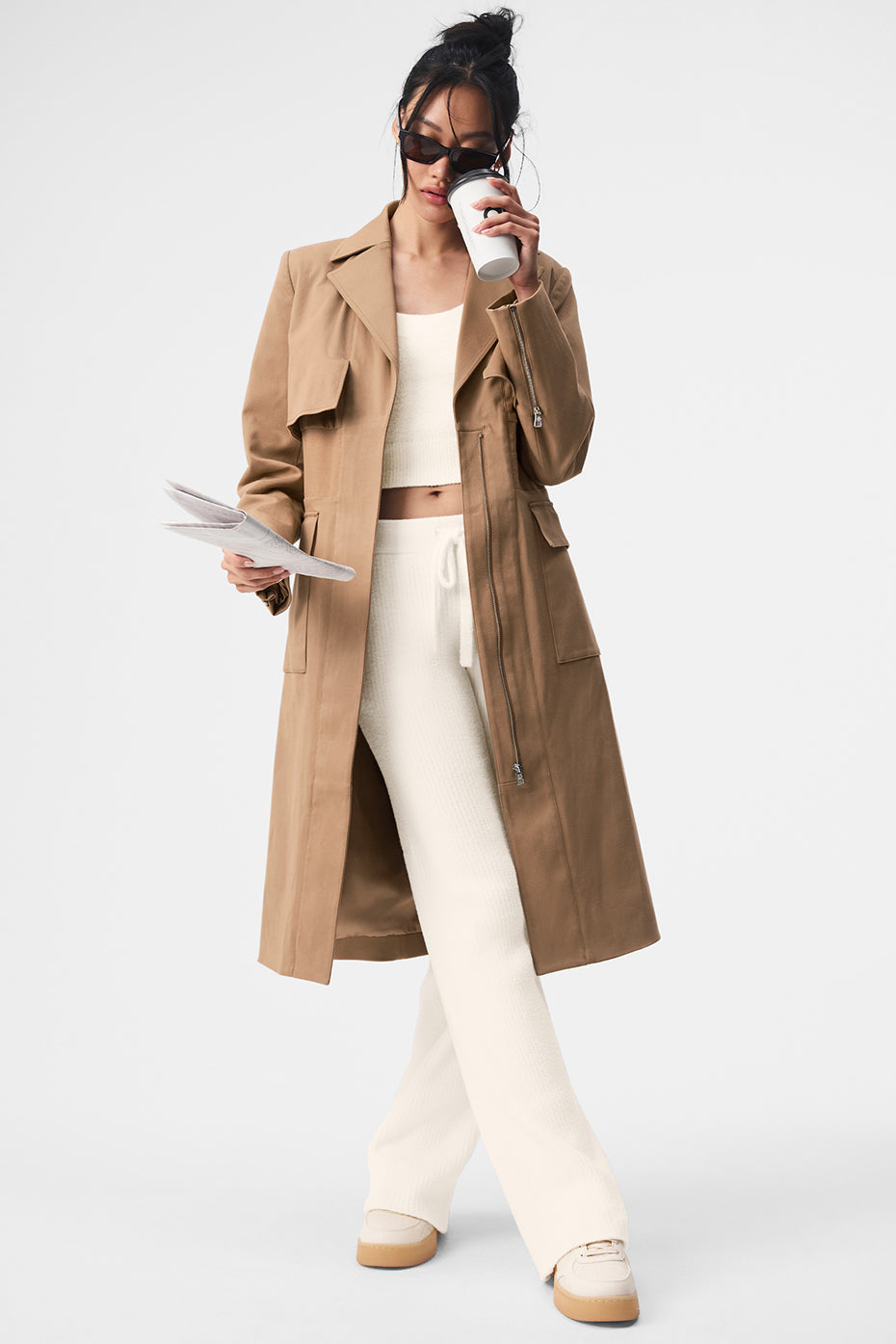 Front view of Formation Trench&Coat in Toasted Almond, styled for casual wear.