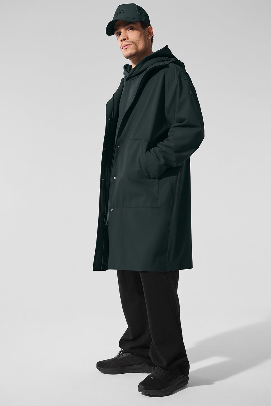 Charcoal green waterproof long coat with adjustable hood