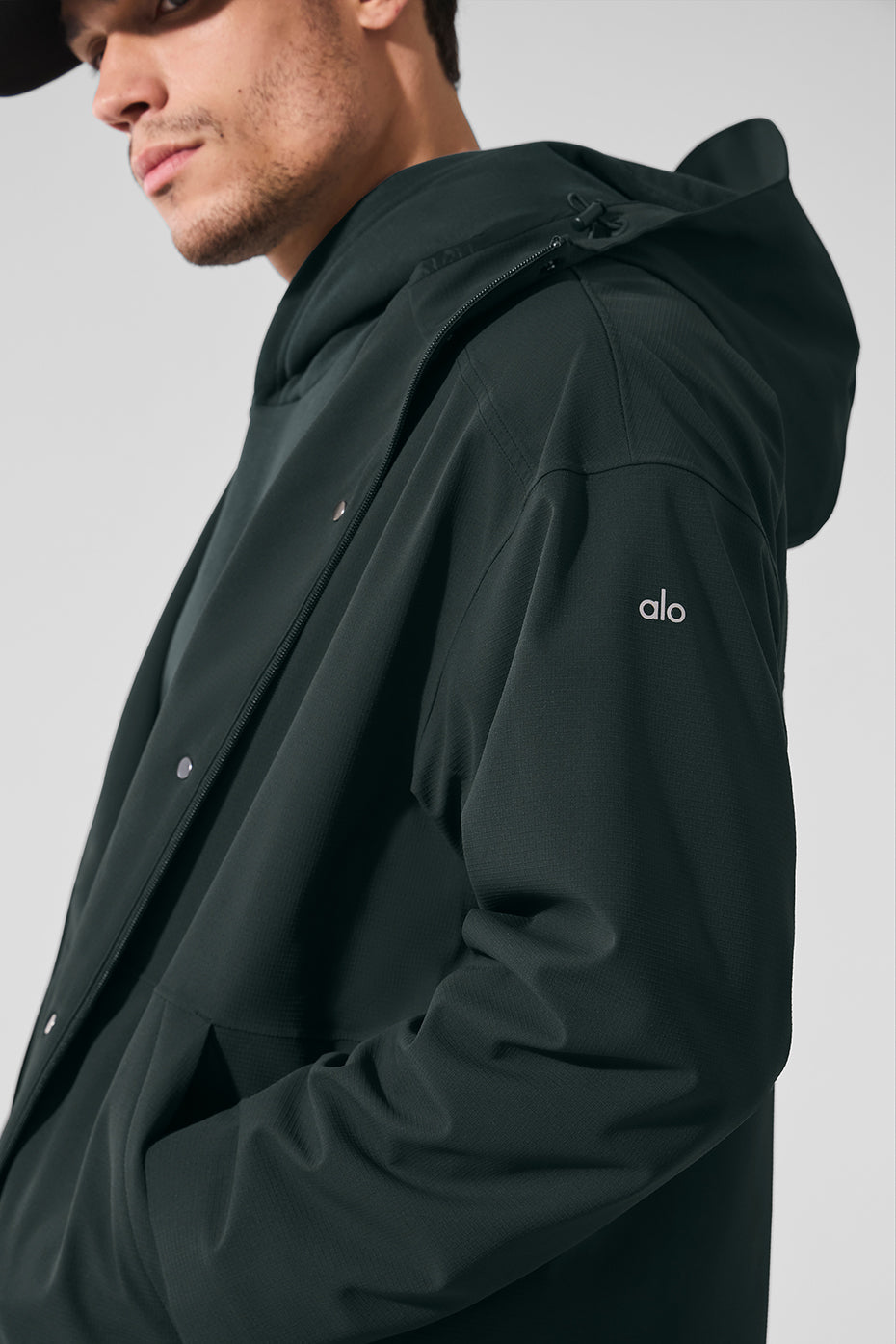 Charcoal green waterproof long coat with adjustable hood
