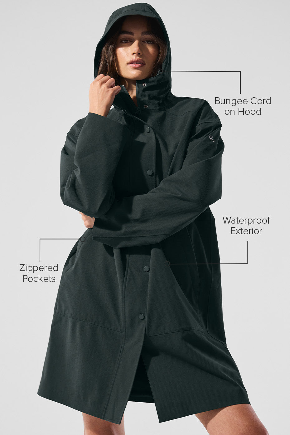 Close-up of zippered pockets and snap closure on long coat