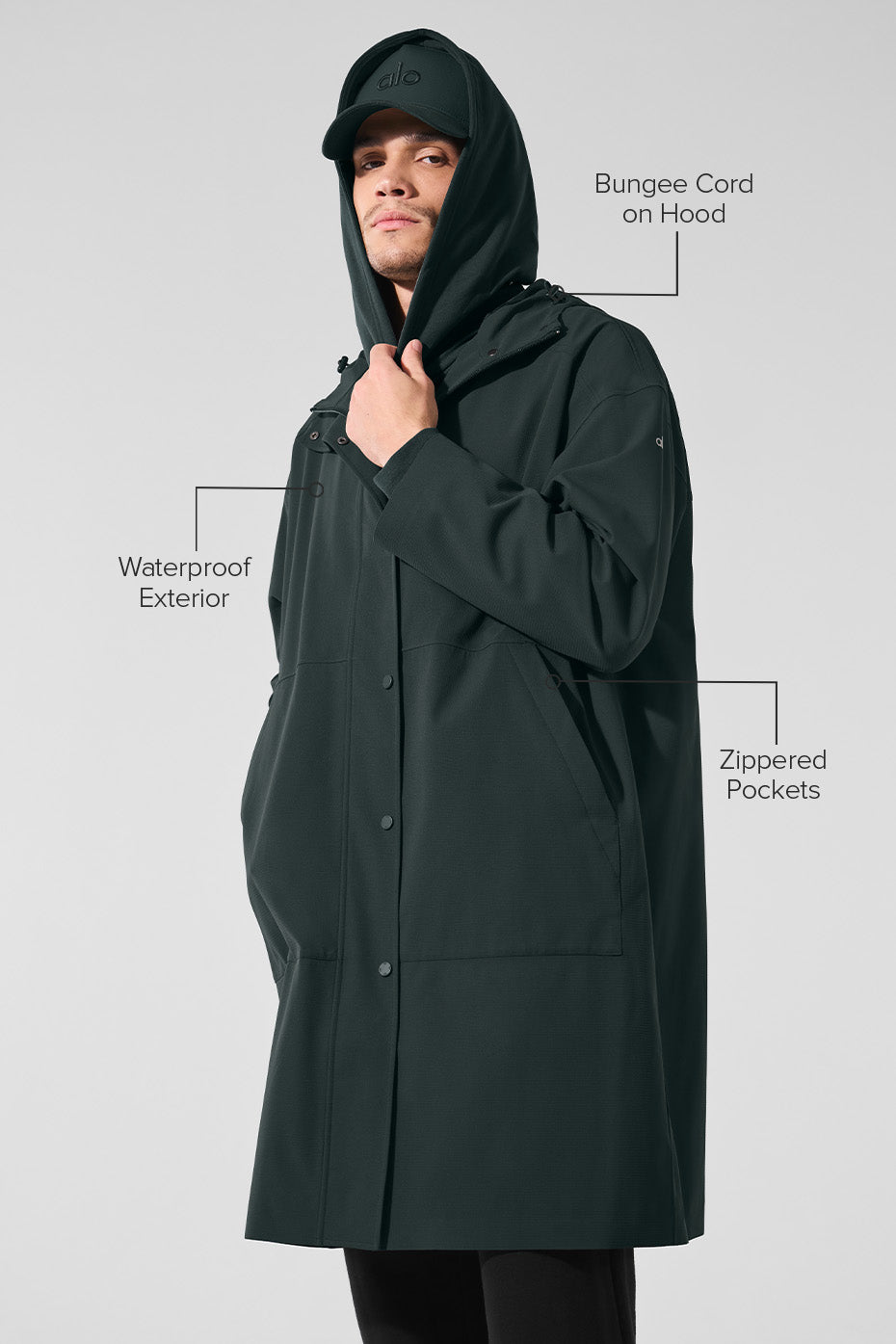 Stylish long coat for guys, designed for wet weather