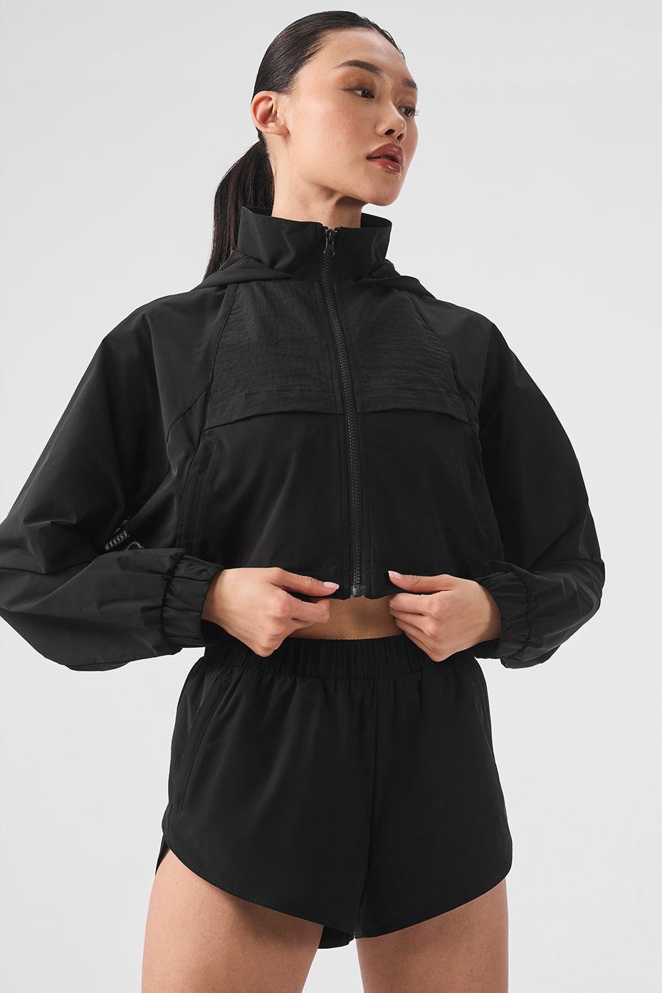 Front view of the cropped puffer jacket, showcasing its stylish design.