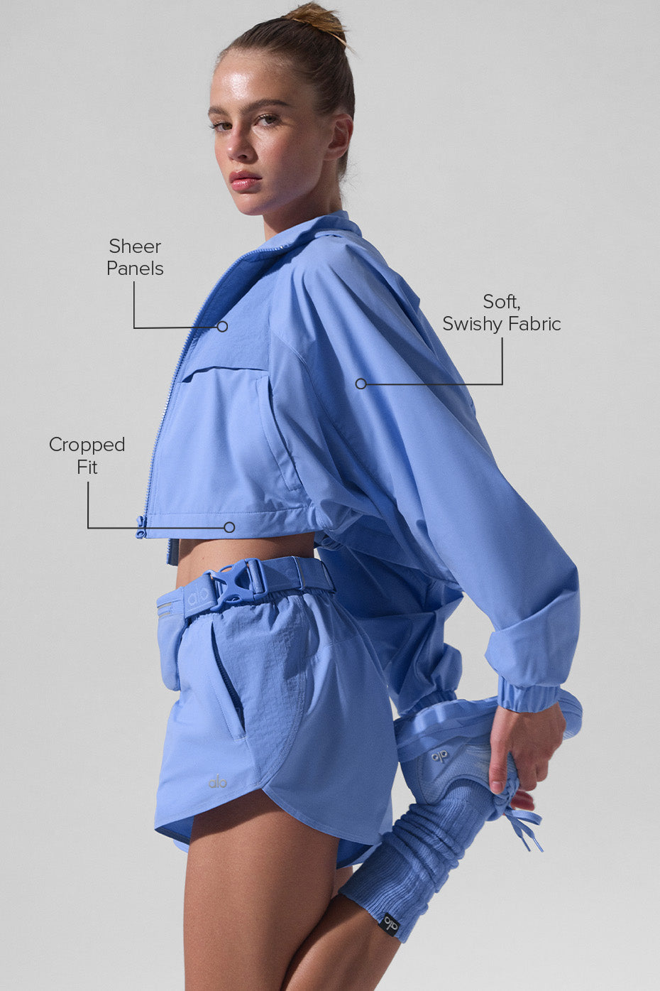 Close-up of ripstop panels on clear blue jacket