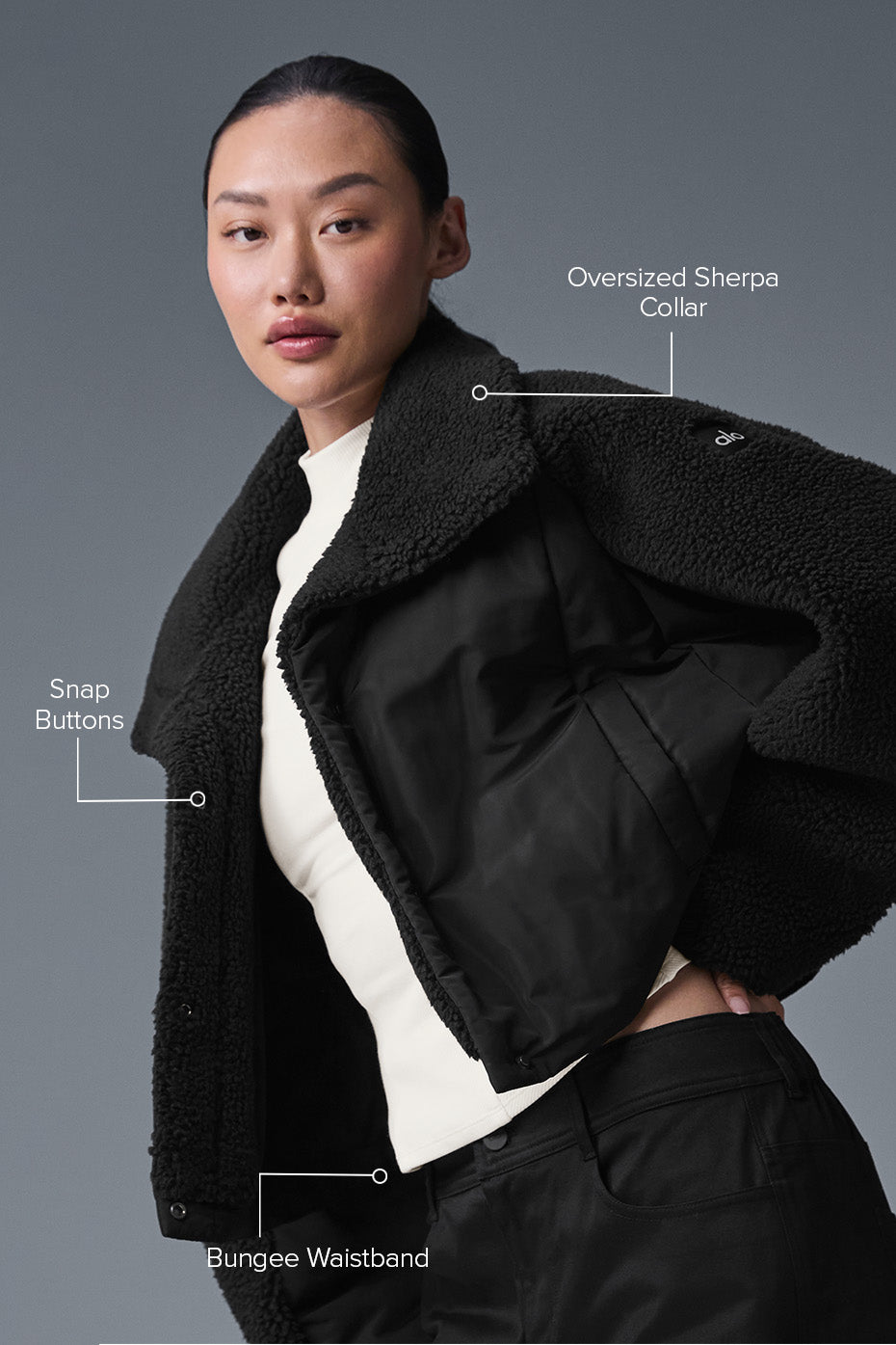 Model wearing the Sherpa puffer jacket during a casual outdoor walk