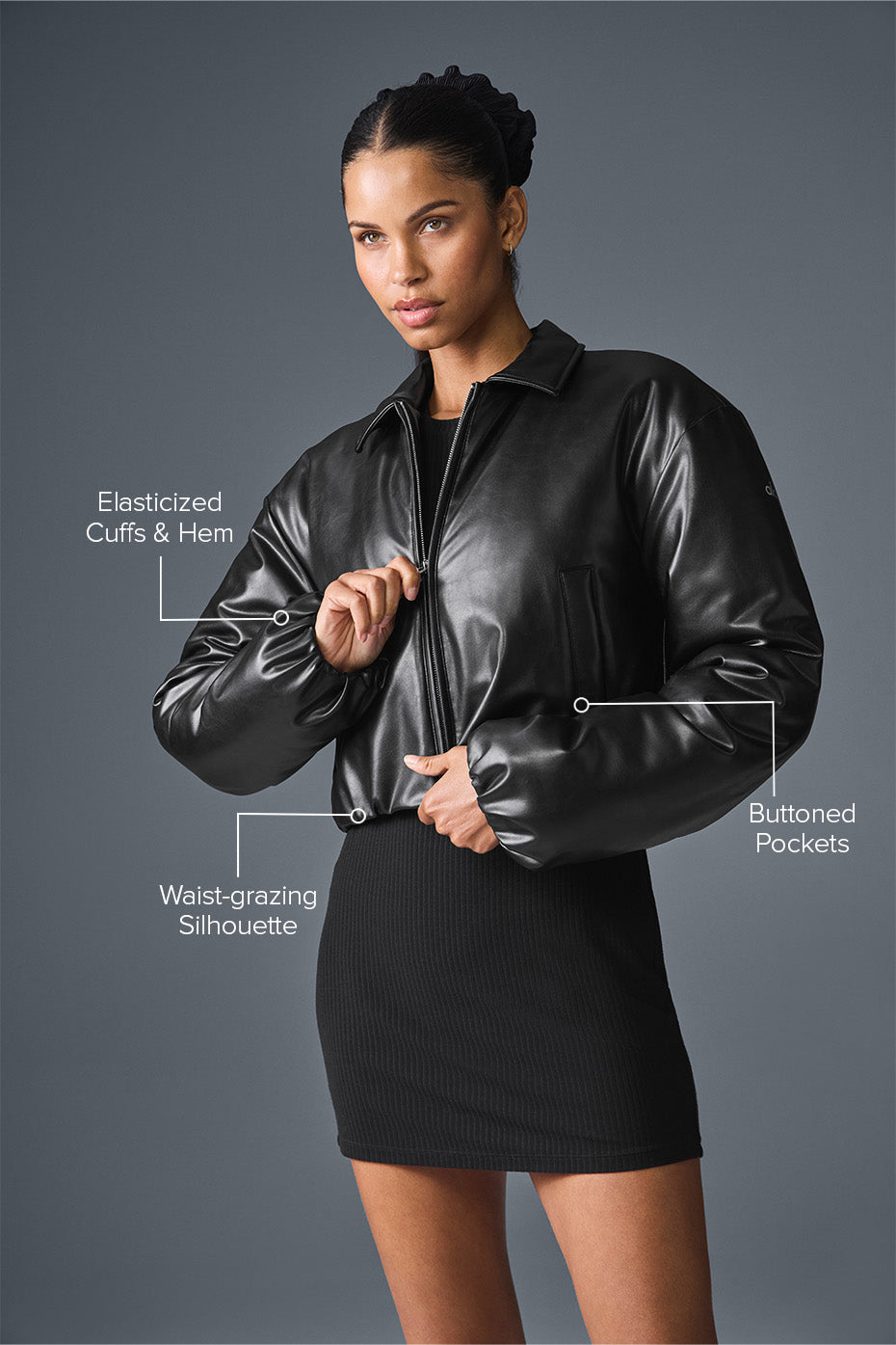 Side view showcasing the flattering fit of the cropped jacket.