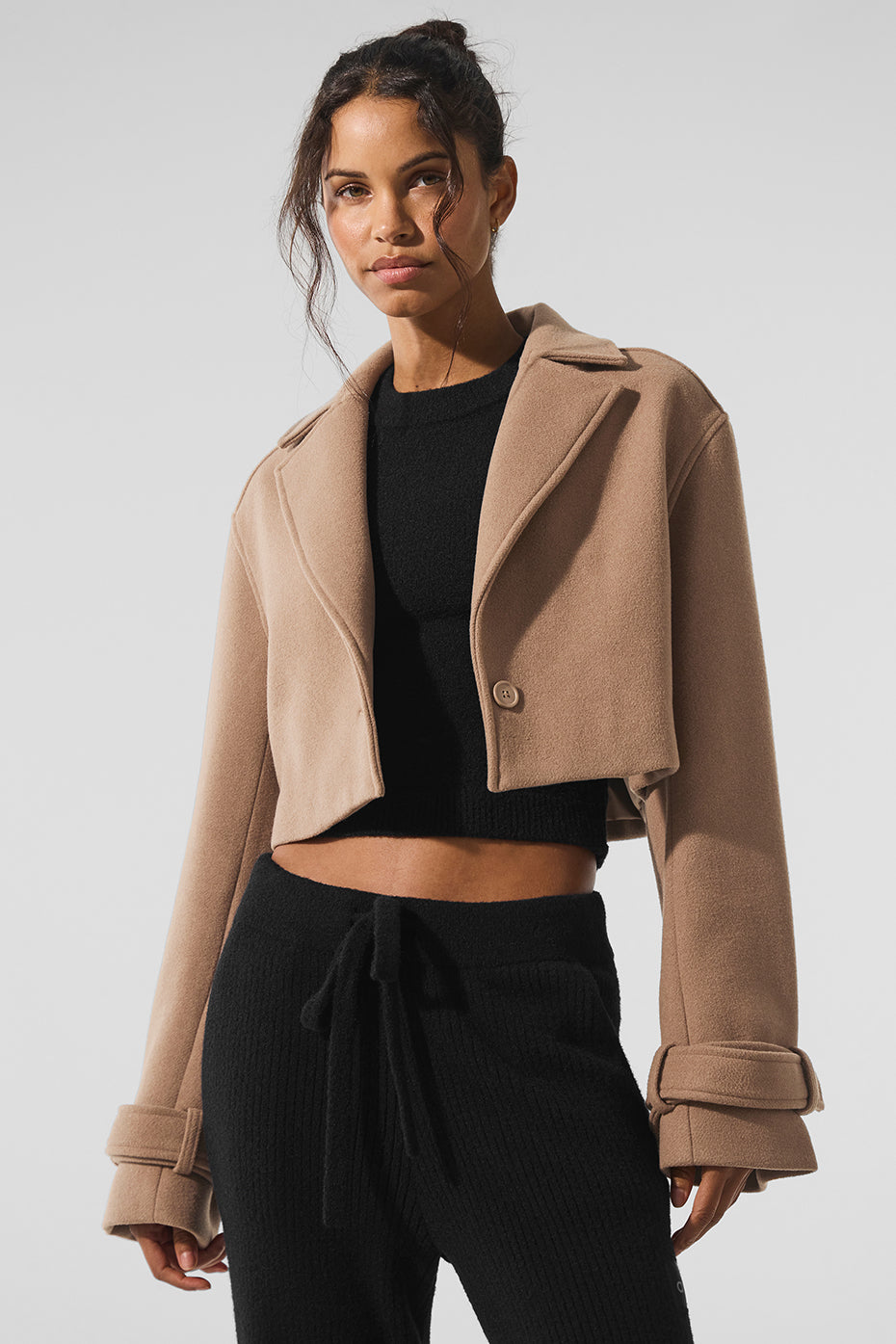 Front view of the chic cropped wool trench coat in Toasted Almond.