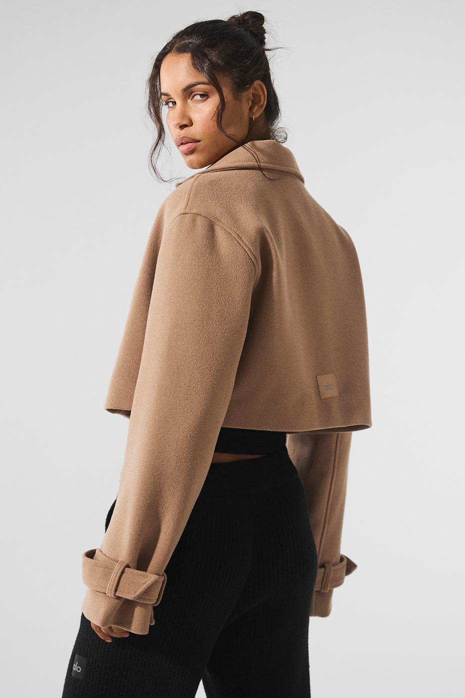 Front view of the chic cropped wool trench coat in Toasted Almond.