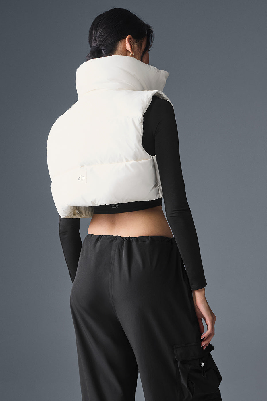 Close-up of the lightweight fabric of the cropped vest.