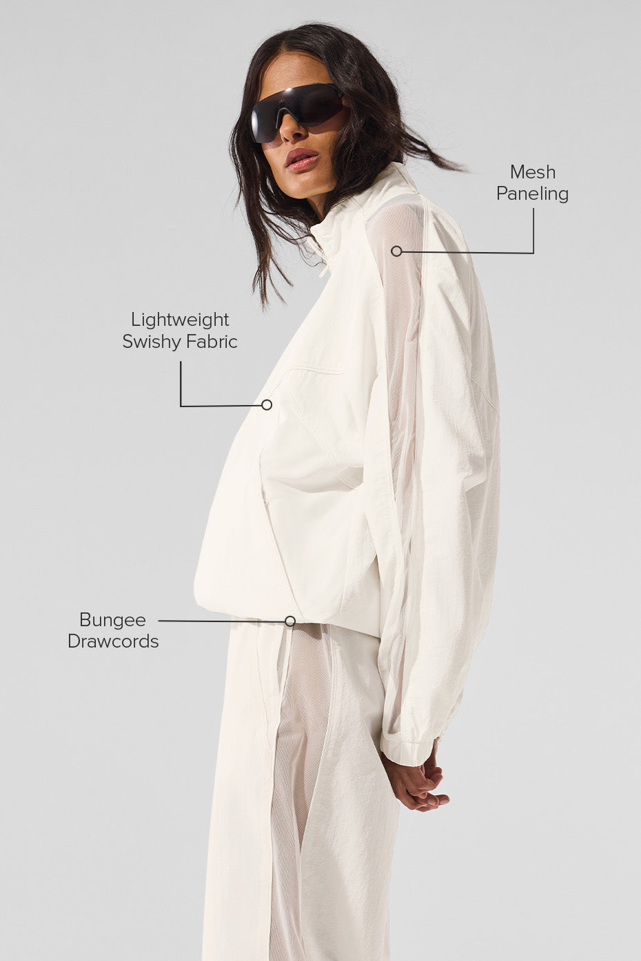 Close-up of mesh paneling and piping on jacket track design