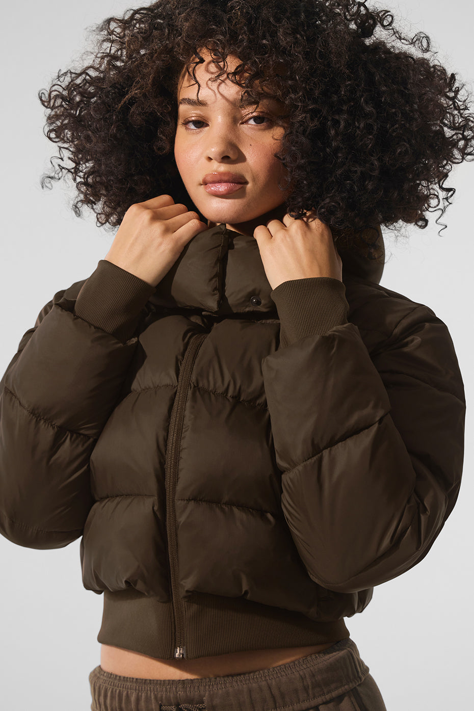 Close-up of the Foxy Puffer Jacket in espresso color, highlighting the quilted design