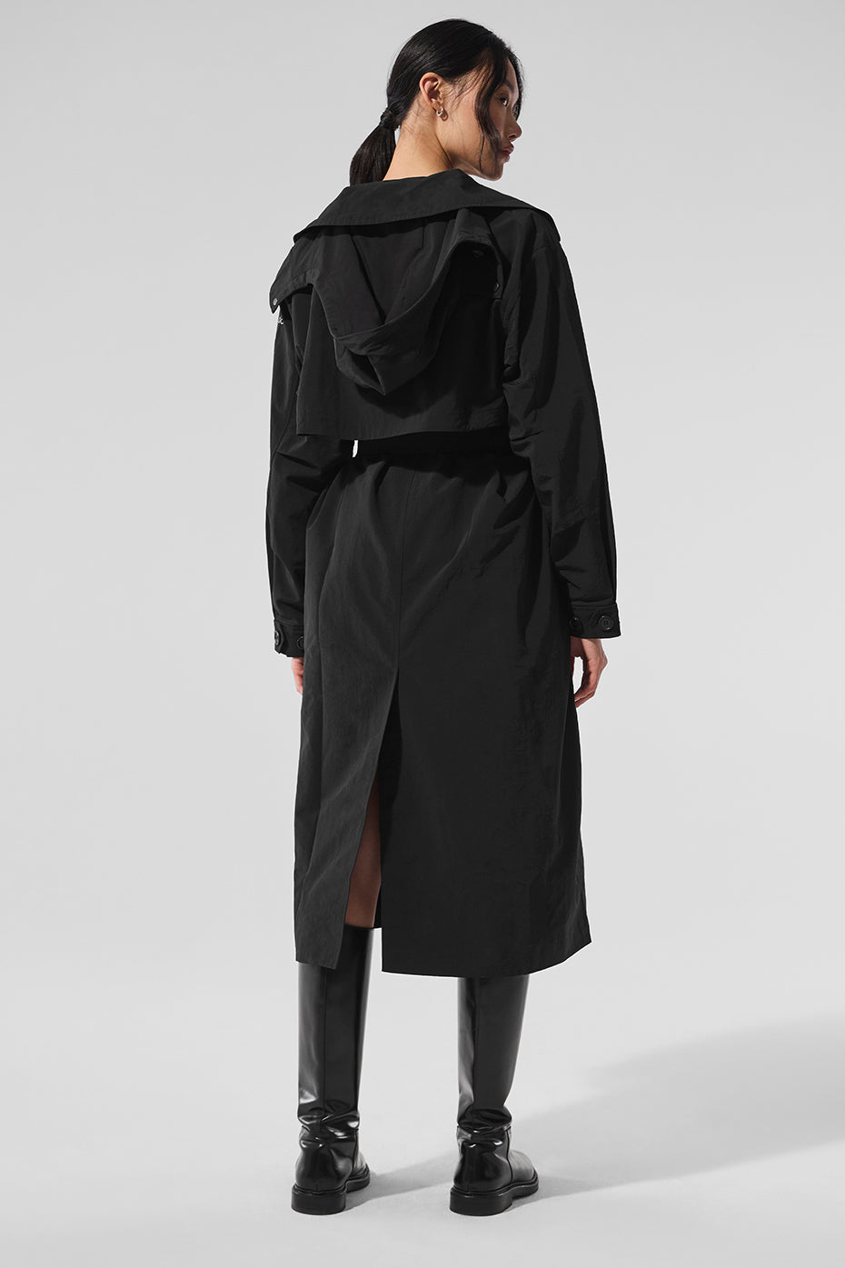 Front view of the black waterproof trench coat with hood