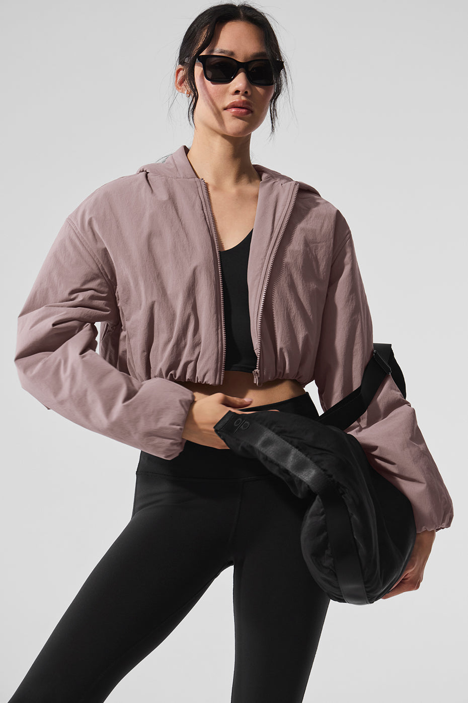 Cropped Mountain Peak zip up hoodie in mushroom color, front view