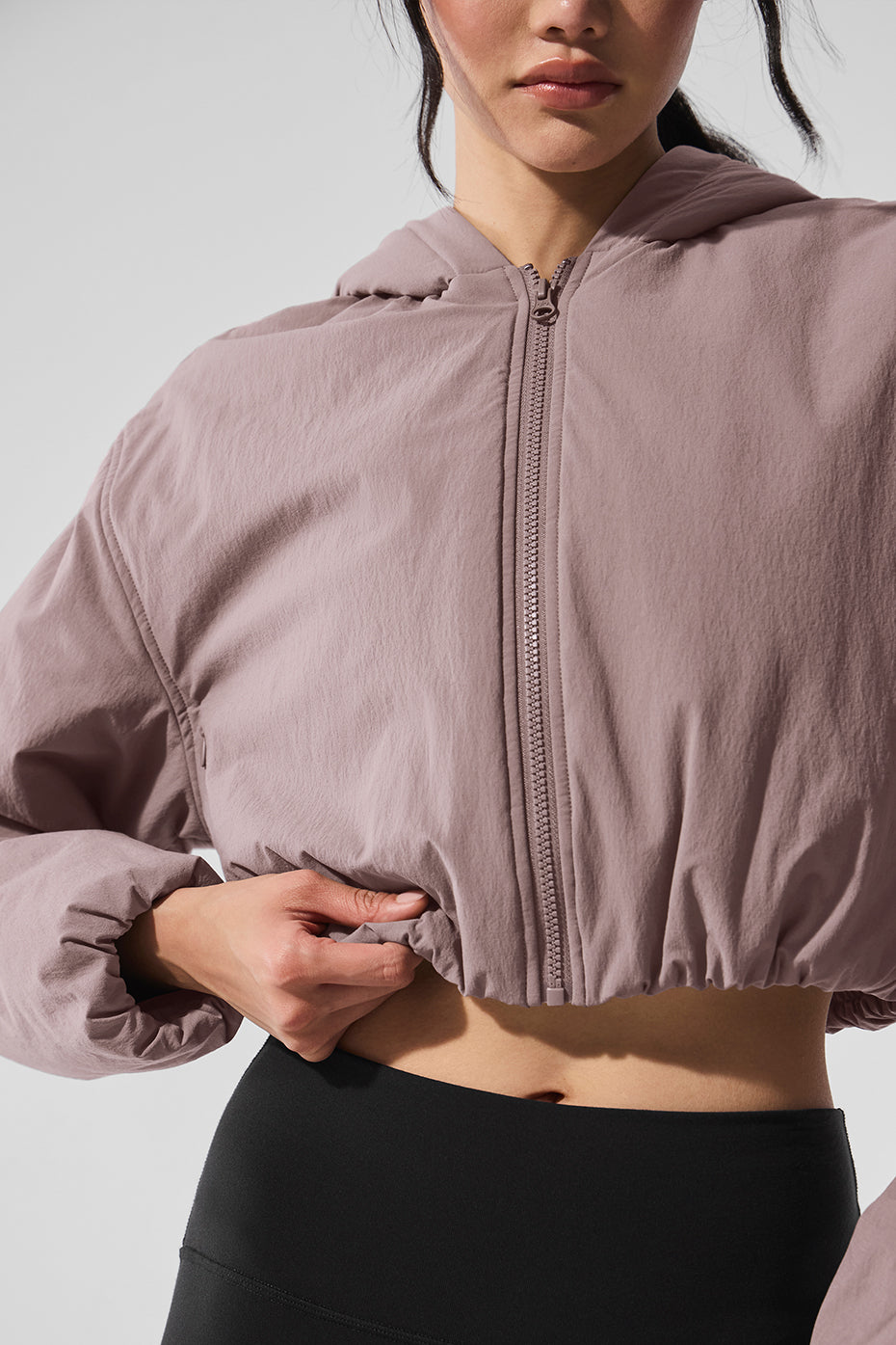Cropped Mountain Peak zip up hoodie in mushroom color, front view