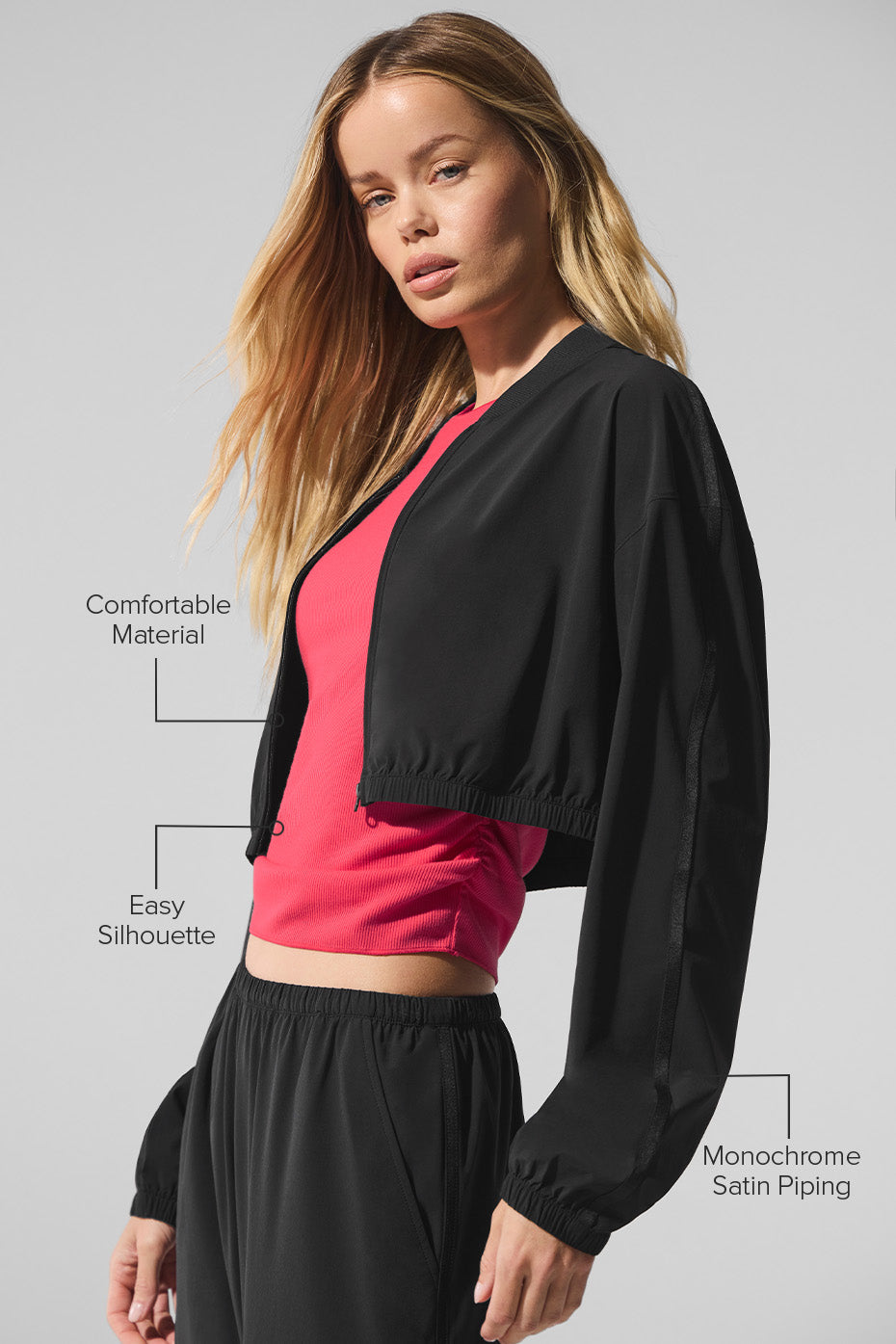Side view of the lightweight cropped jacket, ideal for layering in spring.