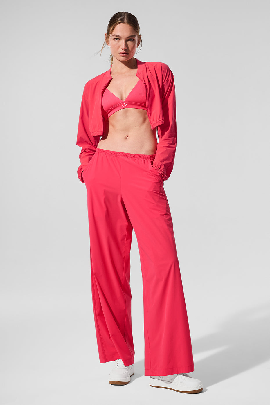 Side angle of lightweight cropped jacket showing zip-up detail