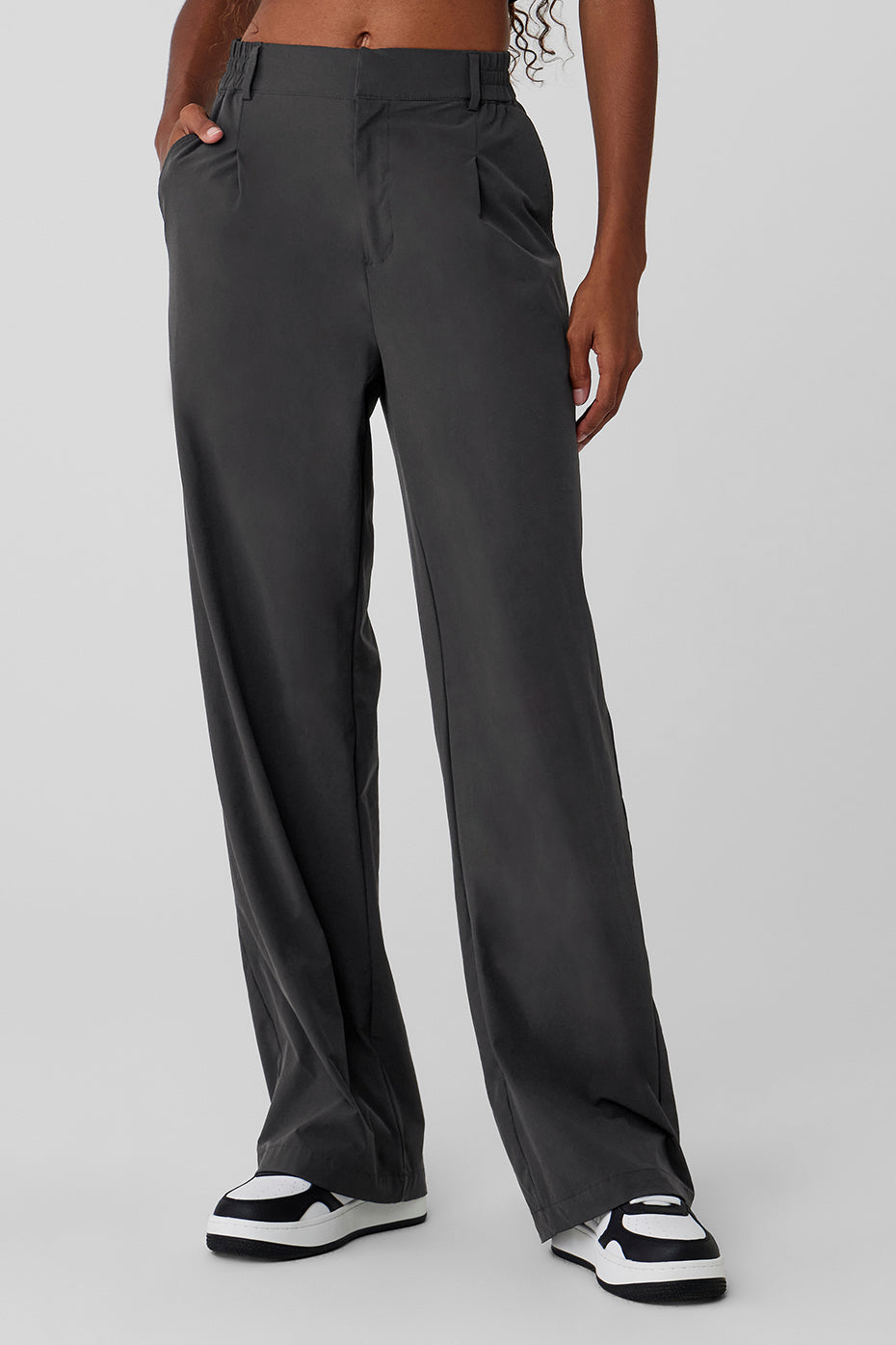Front view of chic high-waist wide-leg trousers in anthracite.