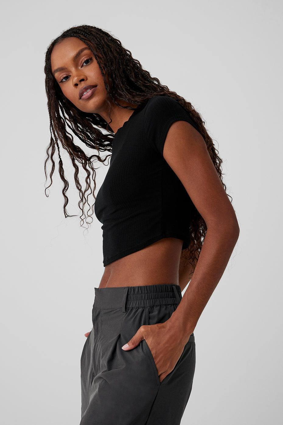 Front view of chic high-waist wide-leg trousers in anthracite.