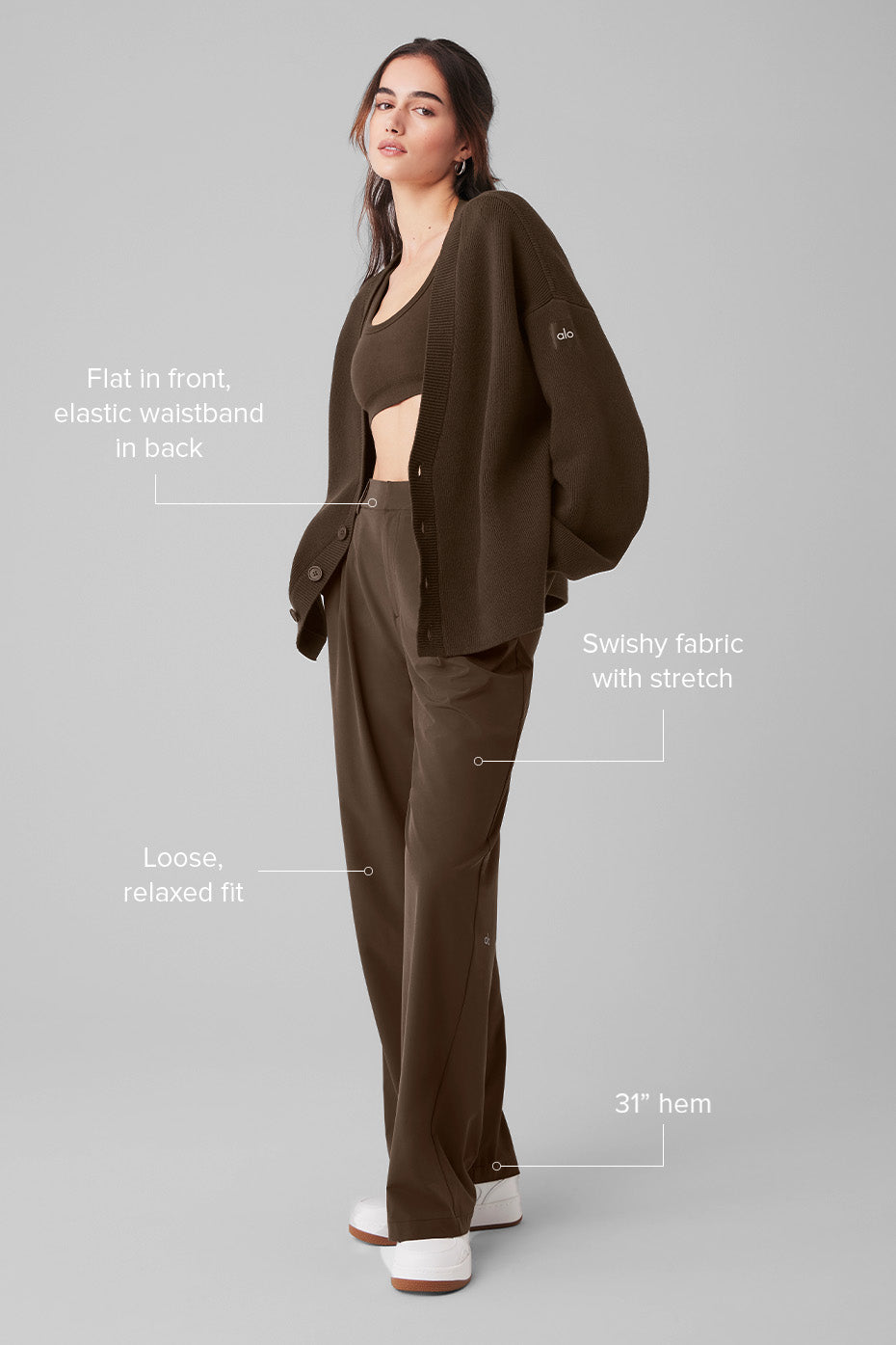 Side angle of wide leg linen pants showing pleated detail and relaxed fit
