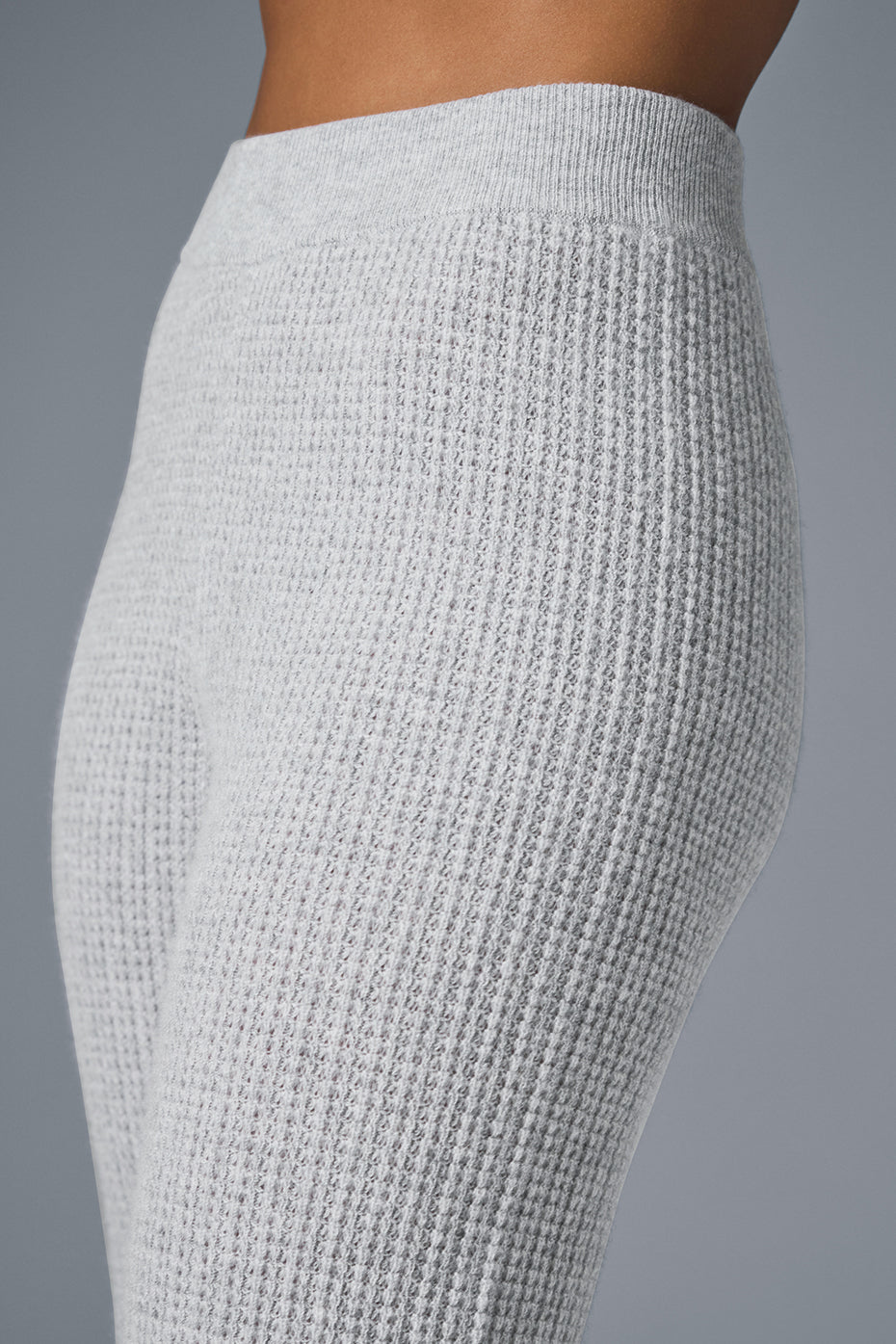 Front view of luxury wide leg cashmere pants in athletic grey.