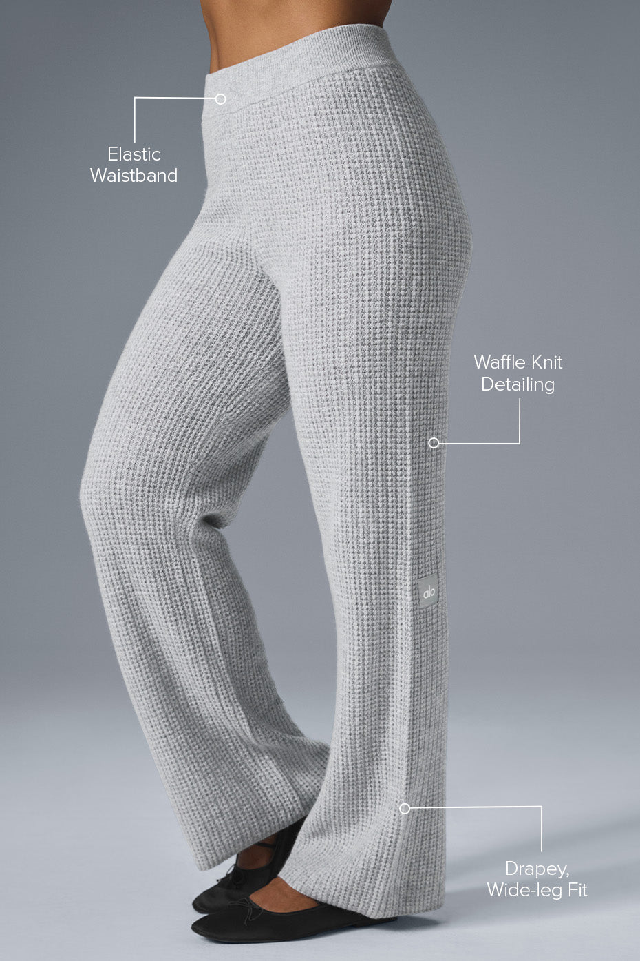 Side view showcasing the high-waist design of cashmere pants for women.