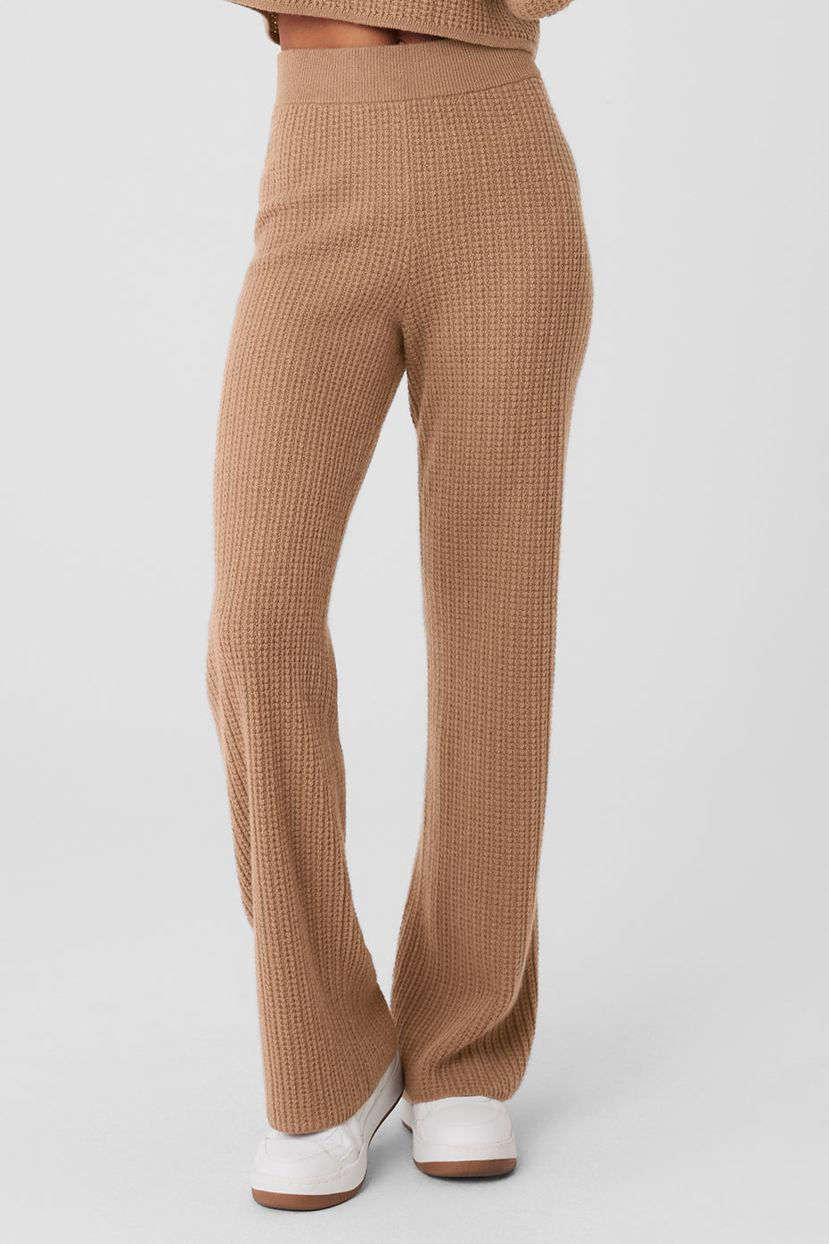 Front view of toasted almond wide leg cashmere lounge pants.