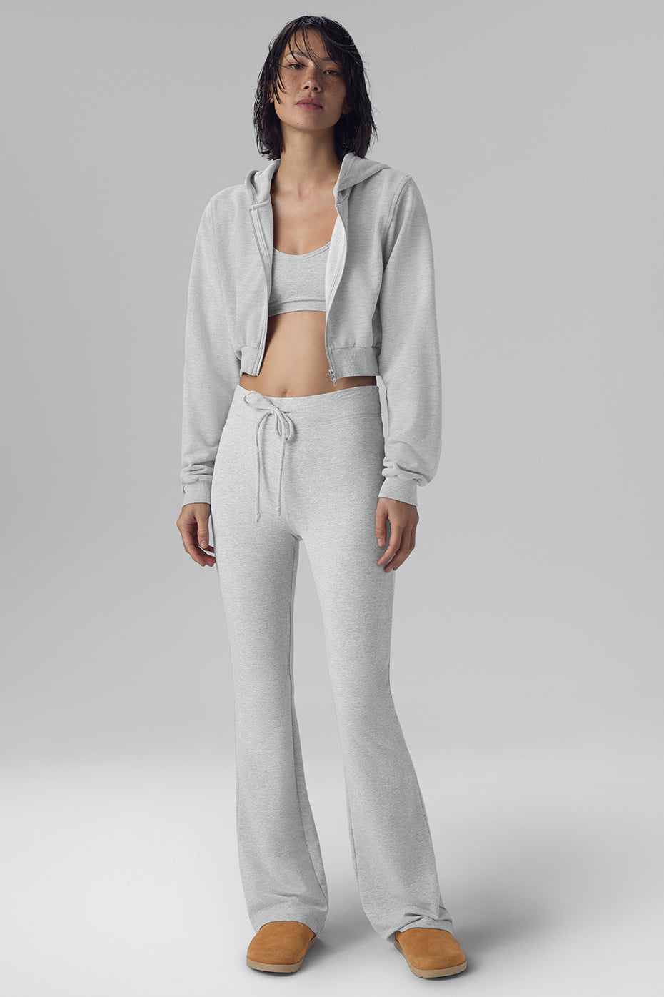 Close-up of the Sway bootcut sweatpants fabric texture and drawcord waistband