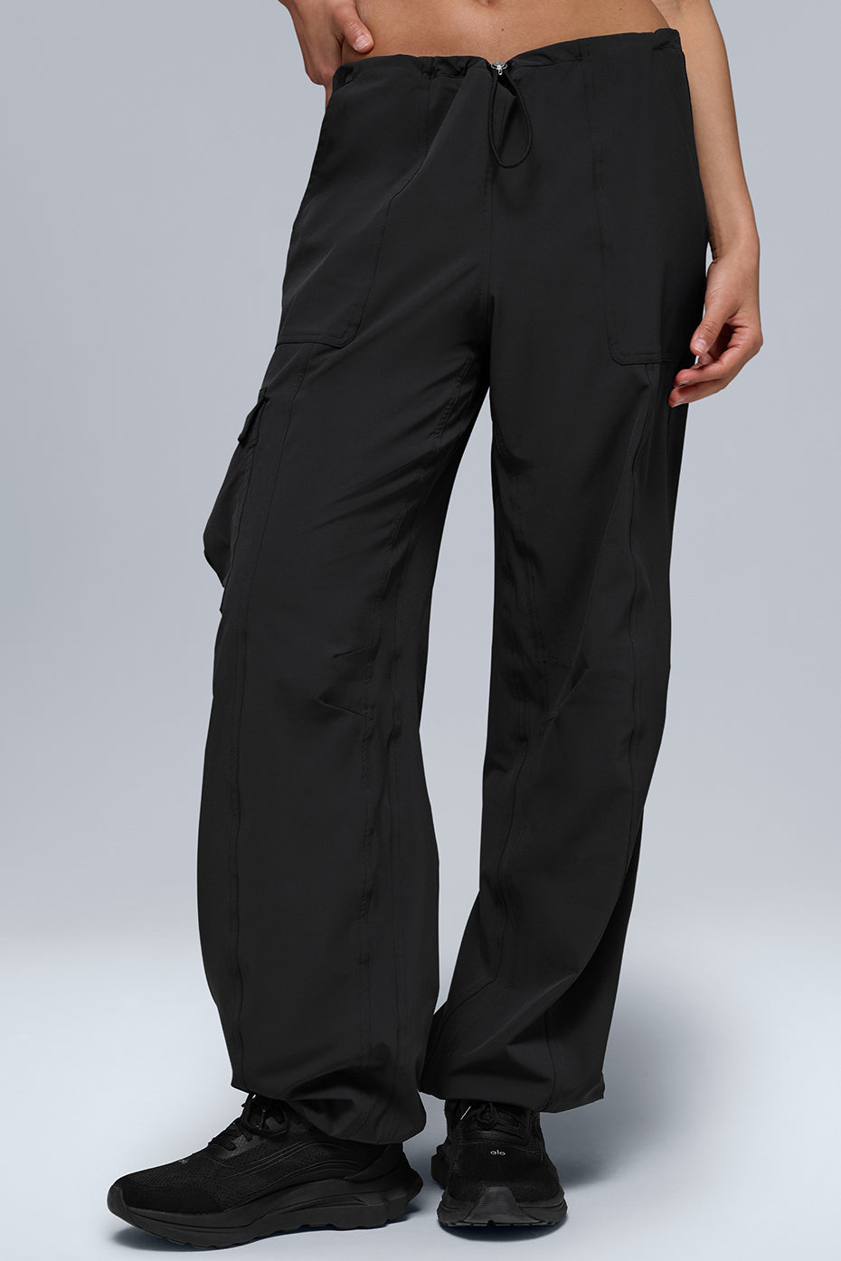 Front view of Urban Explorer baggy cargo pants in black.