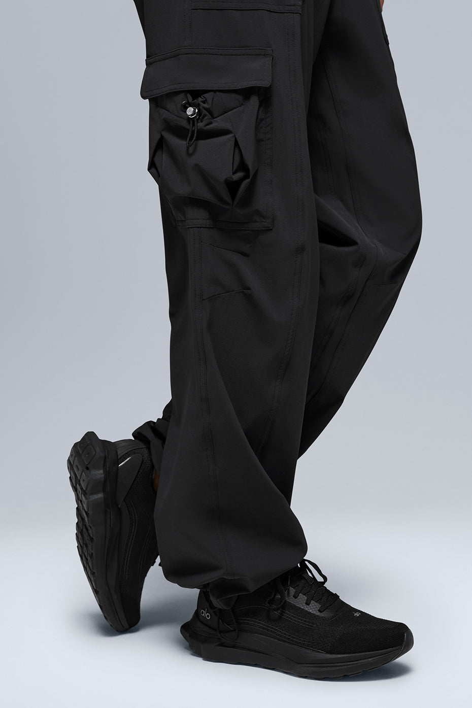 Front view of Urban Explorer baggy cargo pants in black.