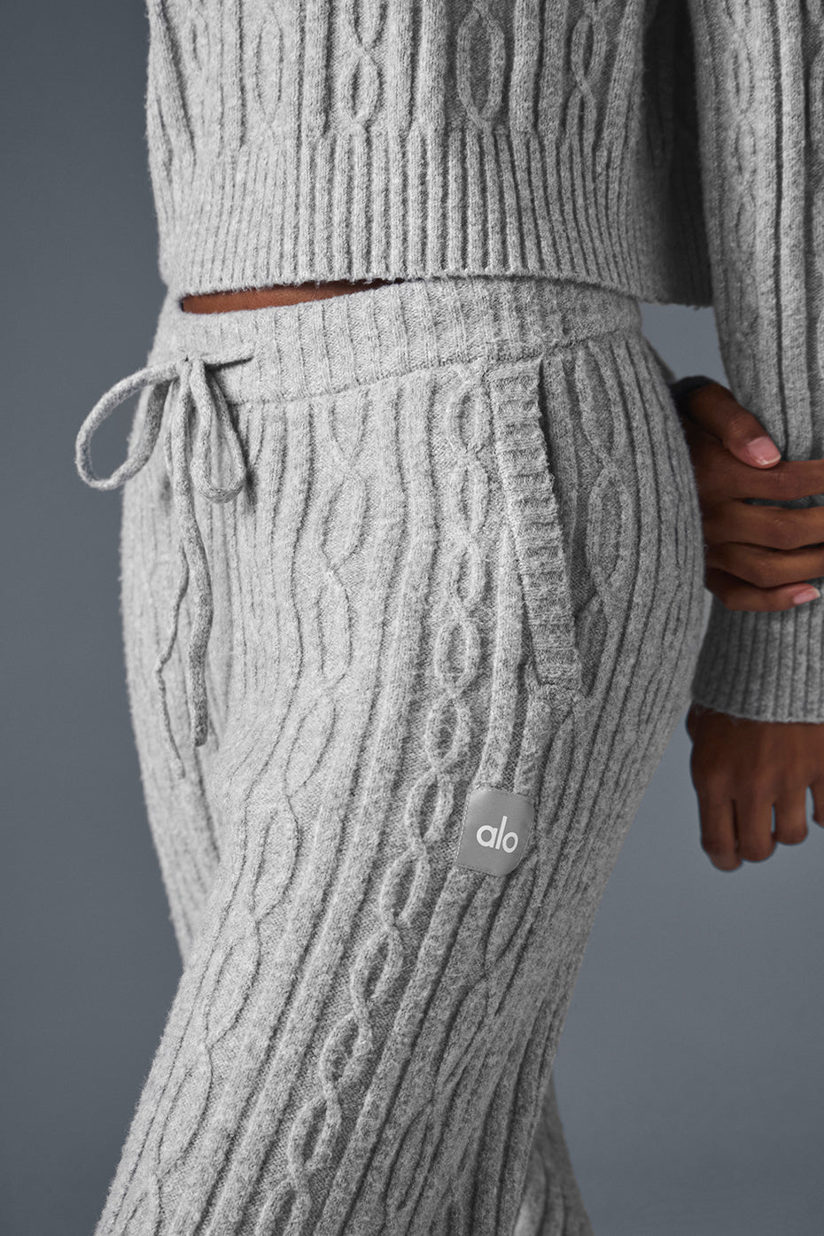 Close-up of the drawstring waist and soft fabric of the winter pants.