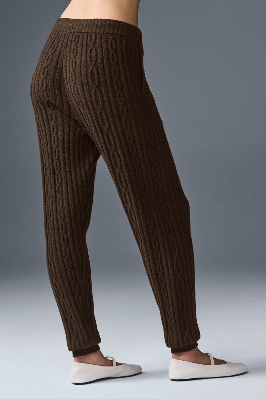 Womens loungewear: Cozy Cable Knit Winter Pants in Espresso, highlighting comfort and pockets.