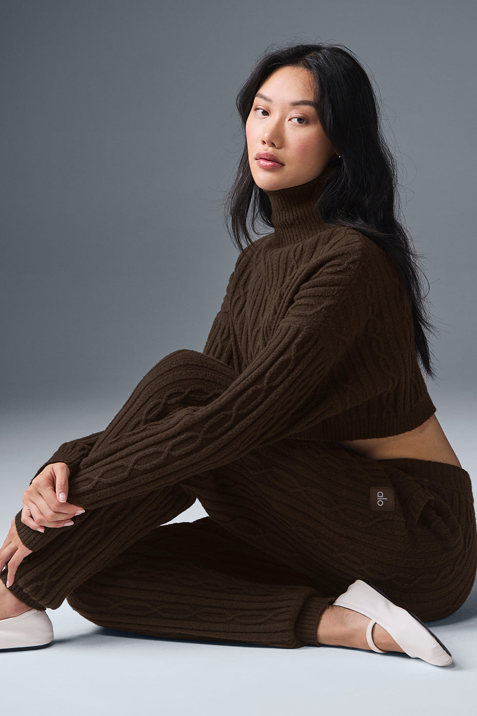 Womens loungewear: Cozy Cable Knit Winter Pants in Espresso, highlighting comfort and pockets.