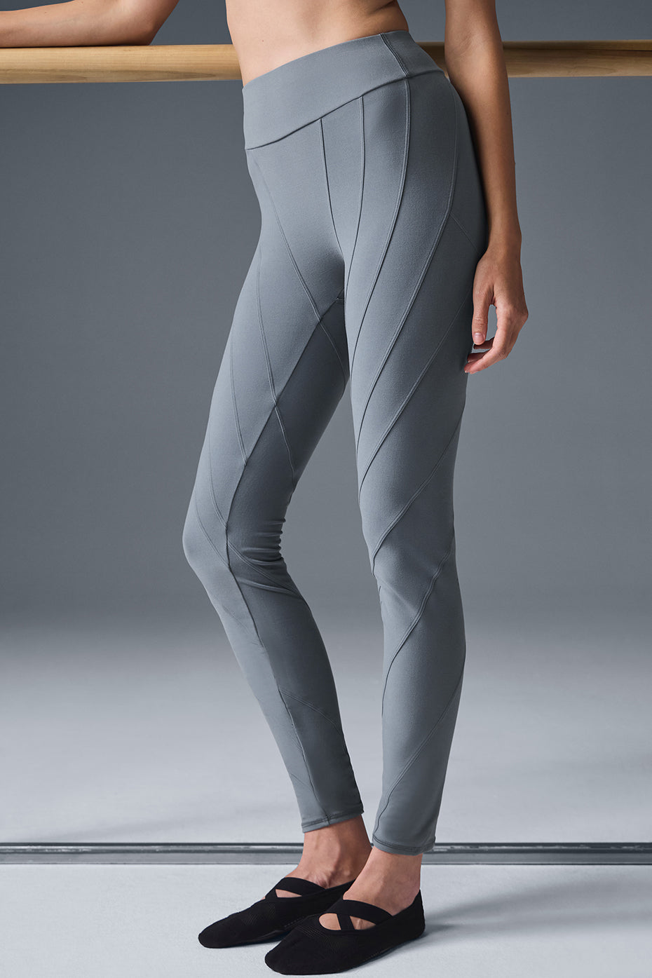 Front view of Alosoft High-Waist Sunray Yoga Pants in Steel Grey.