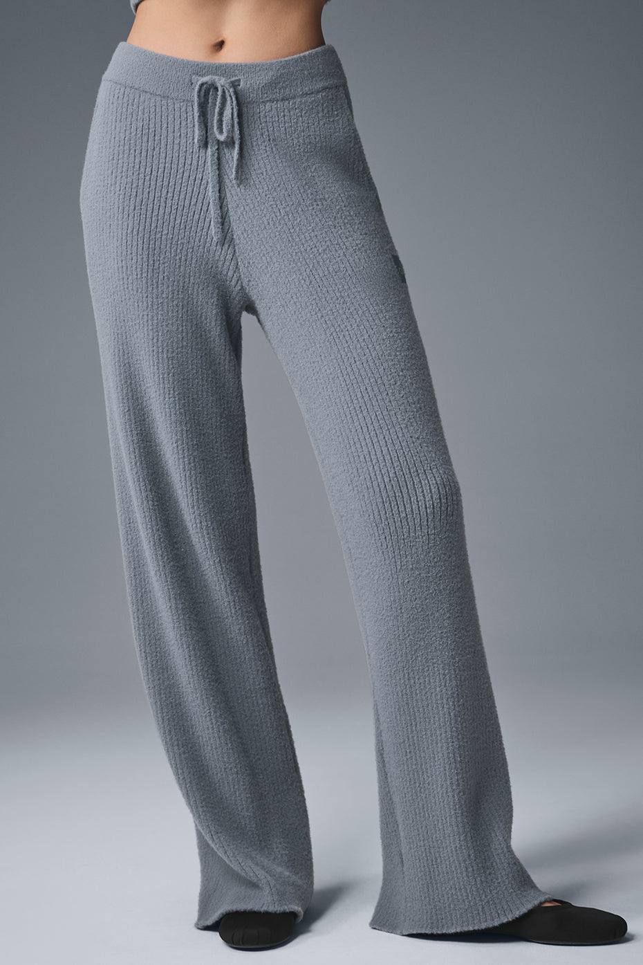 Front view of cozy high-waisted wide leg pants in steel grey, perfect for lounging.