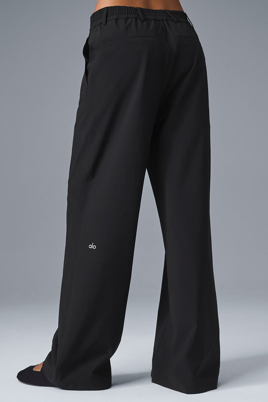 Close-up of stretchy waistband and belt loops on linen-blend pants