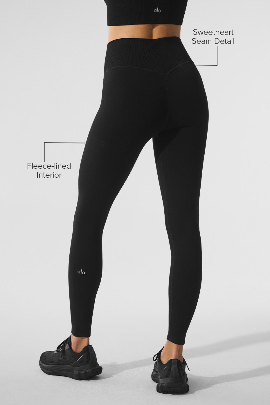 Close-up of fleece lining in winter leggings for women shown in natural light