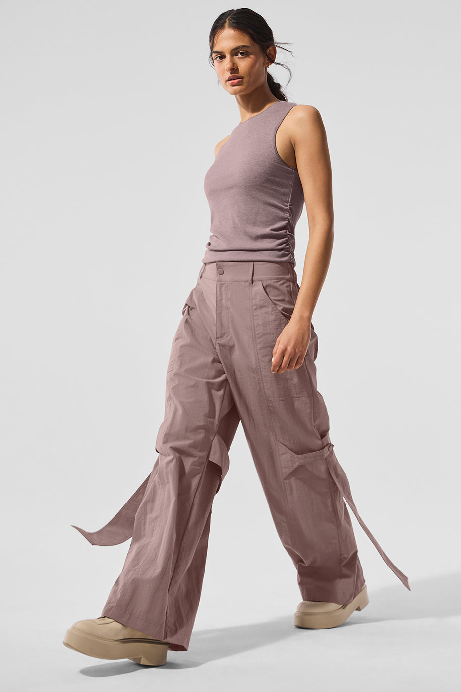 Side view of lightweight lounge pants womens, highlighting relaxed fit.