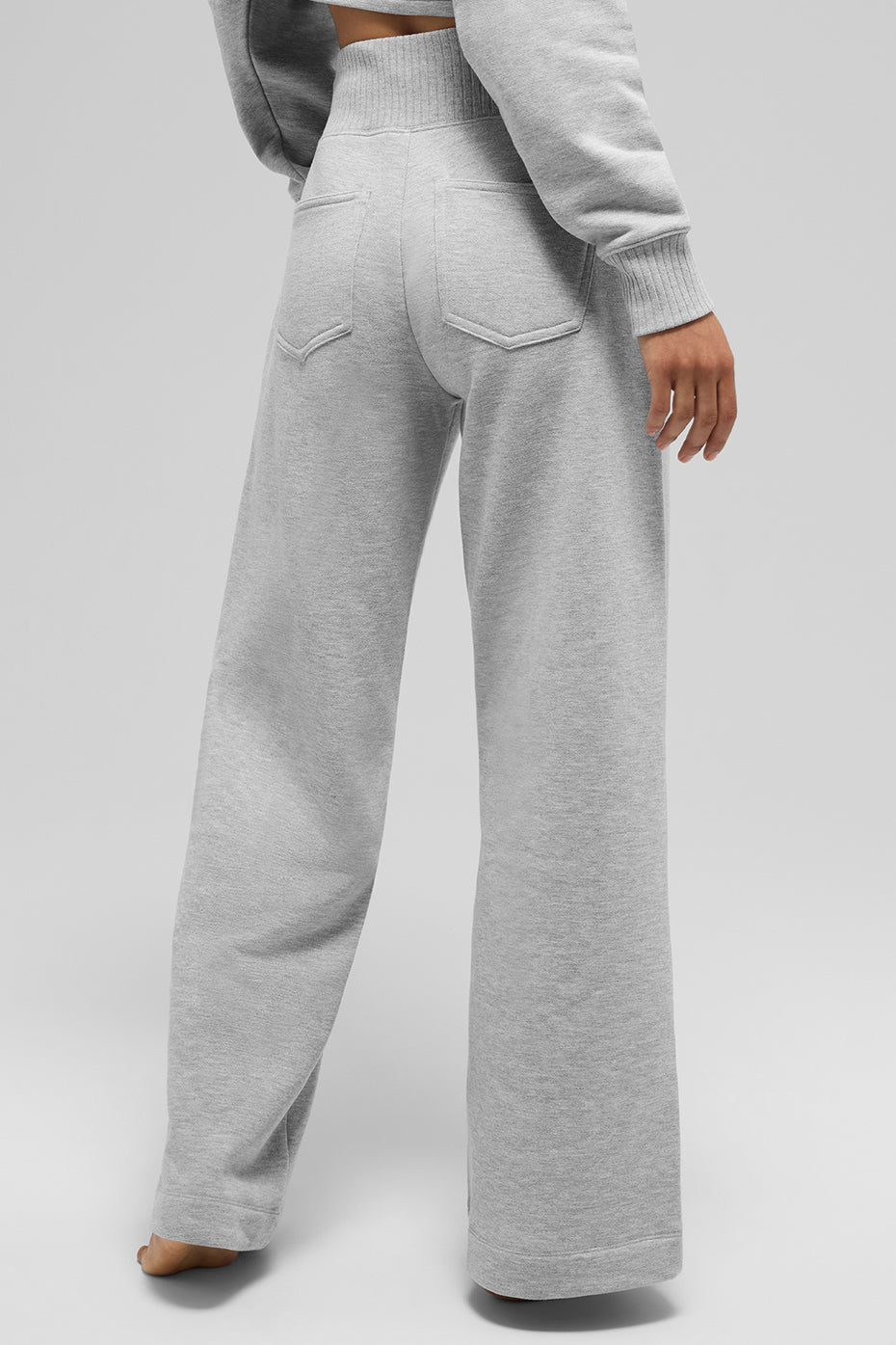 Close-up of ribbed waistband on mens wide leg sweatpants