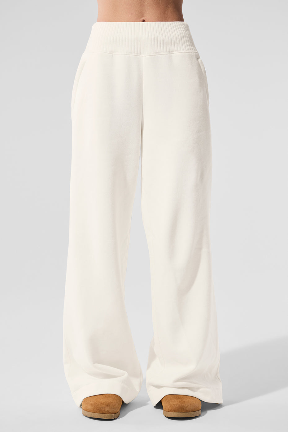 Back angle of wide leg sweatpants women edition during a morning walk on the East Coast