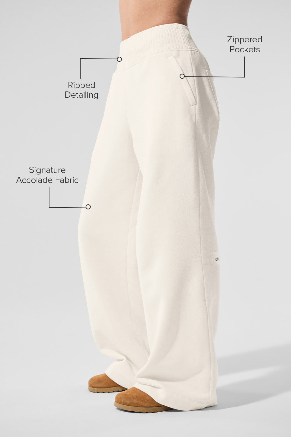 Side profile showing ribbed waistband and zippered pocket details on womens sweatpants
