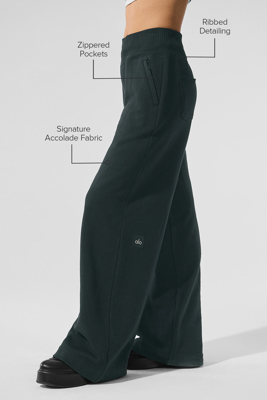 Detail shot of the interior drawcord and ribbed waistband on comfortable sweatpants