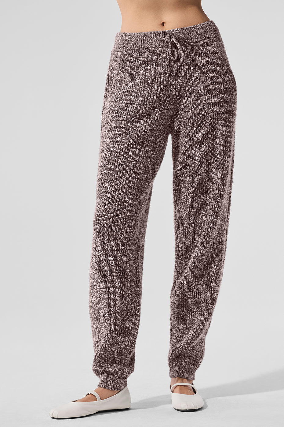 Front view of mens marl sweater joggers in mushroom marl, styled for casual outings