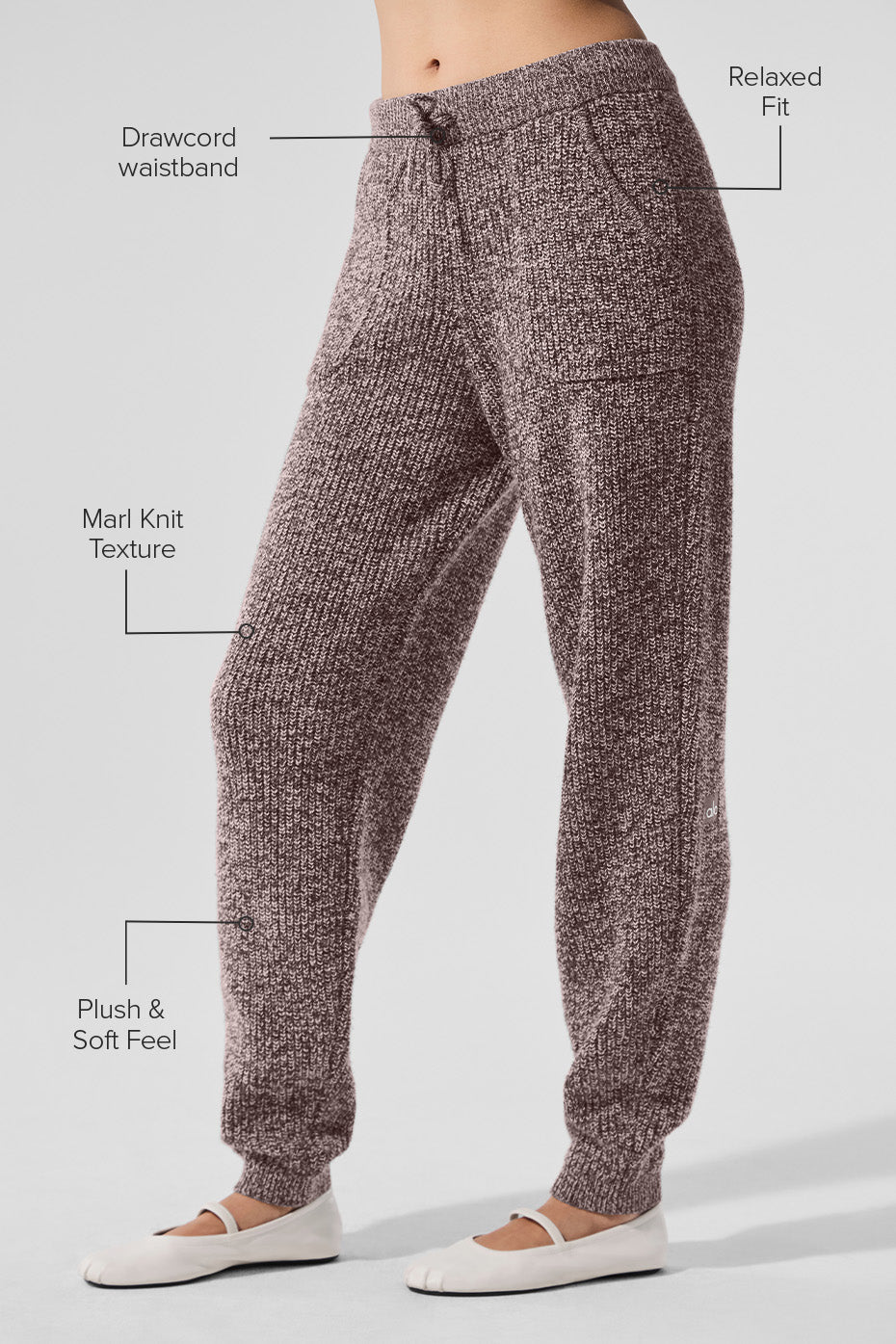 Close-up of marl knit texture on mens joggers, highlighting comfort and softness